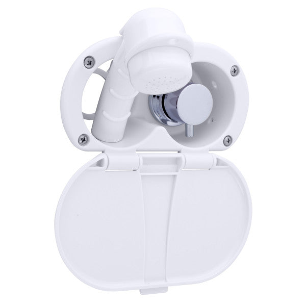 Ambassador Marine – Aidack- Transom Shower Hot/Cold Mixer, Arctic White Cup & Lid, Small Arctic White Sprayer, 6' Stainless Steel Marine Hose, Chrome Aidack Handle – 136-1708-AW