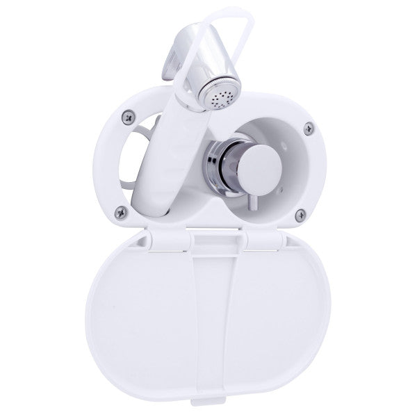 Ambassador Marine – Aidack- Transom Shower Hot/Cold Mixer, Arctic White Cup & Lid, Hammer-Head Arctic White Sprayer, 6' White Rubber Marine Hose, Chrome Aidack Handle – 136-1712-AW