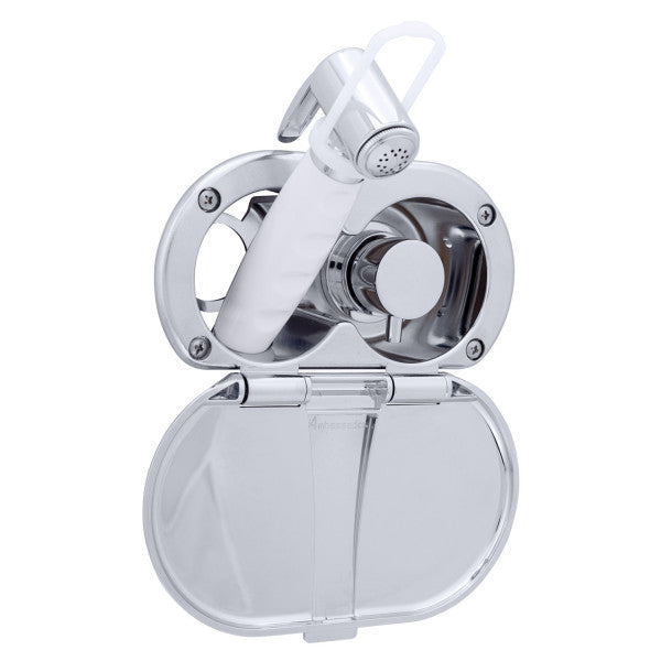 Ambassador Marine – Aidack- Transom Shower Hot/Cold Mixer, Chrome Cup & Lid, Hammer-Head Arctic White Sprayer, 10' White Rubber Marine Hose, Chrome Aidack Handle – 136-1714-CA