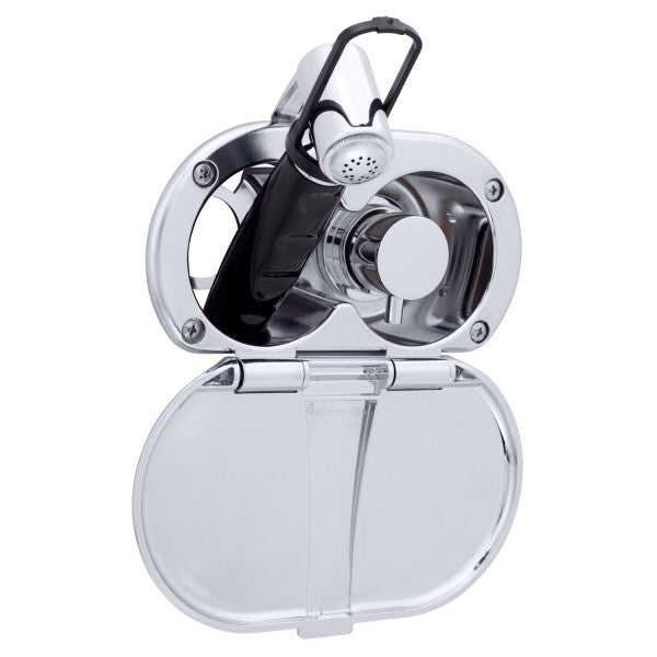 Ambassador Marine – Aidack- Transom Shower Hot/Cold Mixer, Chrome Cup & Lid, Hammer-Head Black Sprayer, 6' Black Rubber Marine Hose, Chrome Aidack Handle – 136-1712-CP