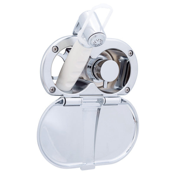 Ambassador Marine – Aidack- Transom Shower Hot/Cold Mixer, Chrome Cup & Lid, Hammer-Head Warm White Sprayer, 6' White Rubber Marine Hose, Chrome Aidack Handle – 136-1712-CW