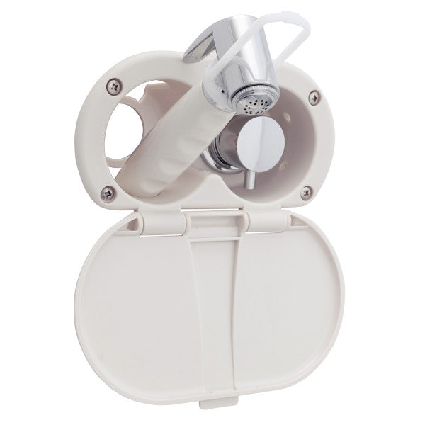 Ambassador Marine – Aidack- Transom Shower Hot/Cold Mixer, Warm White Cup & Lid, Hammer-Head Warm White Sprayer, 10' White Rubber Marine Hose, Chrome Aidack Handle – 136-1714-WH