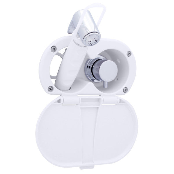 Ambassador Marine – Aidack- Transom Shower Hot/Cold Mixer, Arctic White Cup & Lid, Hammer-Head Arctic White Sprayer, 10' White Rubber Marine Hose, Chrome Aidack Handle – 136-1714-AW