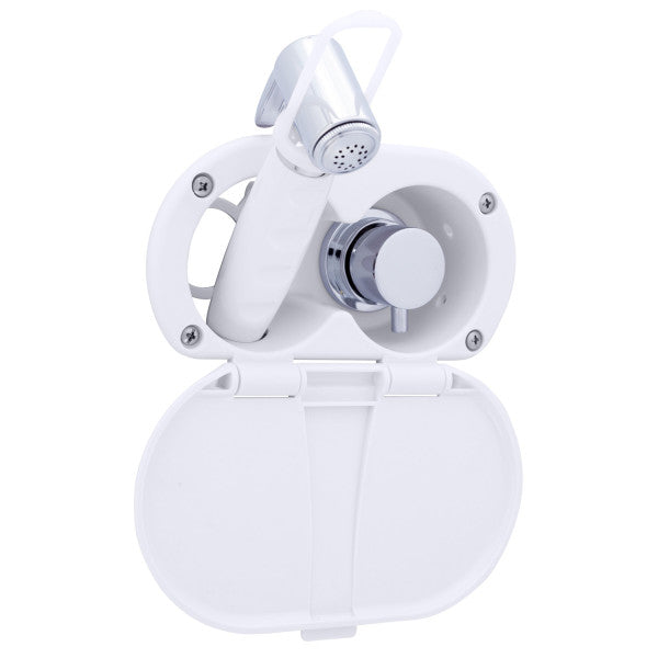 Ambassador Marine – Aidack- Transom Shower Hot/Cold Mixer, Arctic White Cup & Lid, Hammer-Head Arctic White Sprayer, 6' Stainless Steel Marine Hose, Chrome Aidack Handle – 136-1716-AW