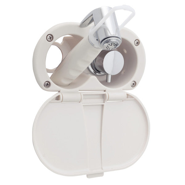 Ambassador Marine – Aidack- Transom Shower Hot/Cold Mixer, Warm White Cup & Lid, Hammer-Head Warm White Sprayer, 6' Stainless Steel Marine Hose, Chrome Aidack Handle – 136-1716-WH