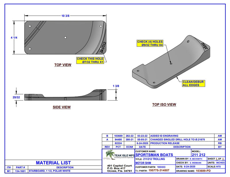 Sportsman 211 / 212 Polar White Trolling Motor Shim 2020-2024 195775-314807 - Essenbay Marine