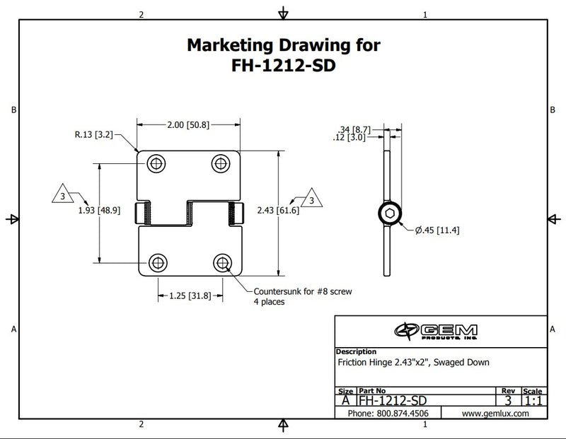 Gemlux Marine Grade Friction Hinge 2.32"X2" Swaged Down FH-1212-SD - Essenbay Marine