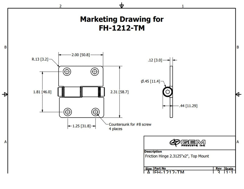 Gemlux Marine Grade Friction Hinge 2.32"X2" Top Mount FH-1212-TM
