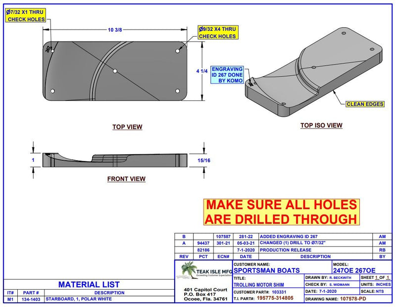 Sportsman 247OE / 267OE Polar White Trolling Motor Shim 2020-2024 195775-314805 - Essenbay Marine
