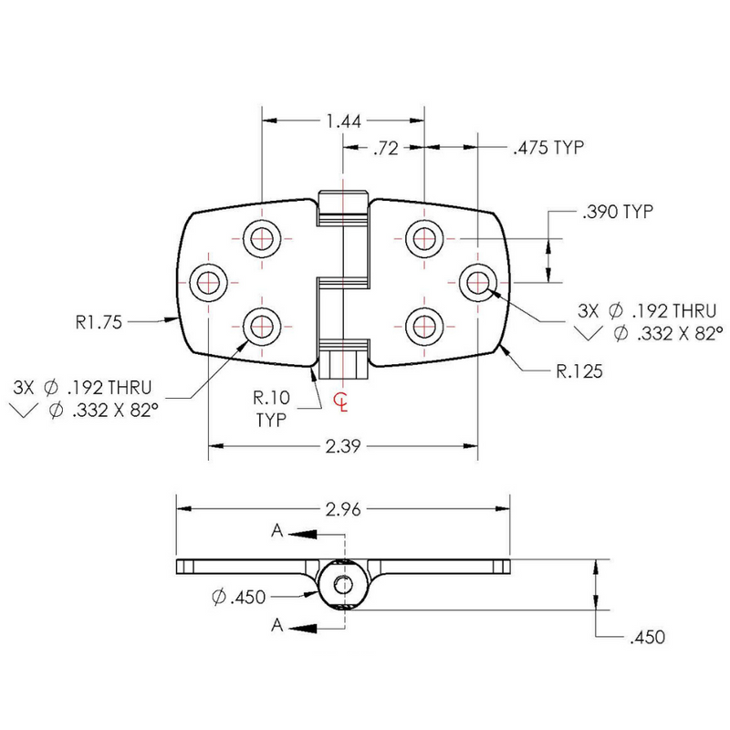 TACO Marine Knuckle Down Friction Hinge 1.6" X 2.96" X .13" H30-5053 - Essenbay Marine