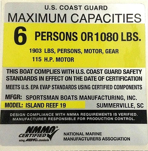 Sportsman Boats – Sportsman Maximum Capacity Placard 6 Person / 1903LBS / 115HP Island Reef 19 – 6.2Q1 / 27411M