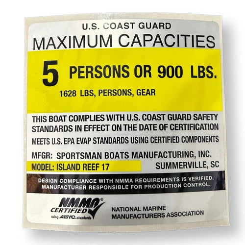 Sportsman Boats – NMMA Sportsman Boats Island Reef 17 Max Capacity Sticker 5 Person or 900LBS – 6.2Q1 / 65264K