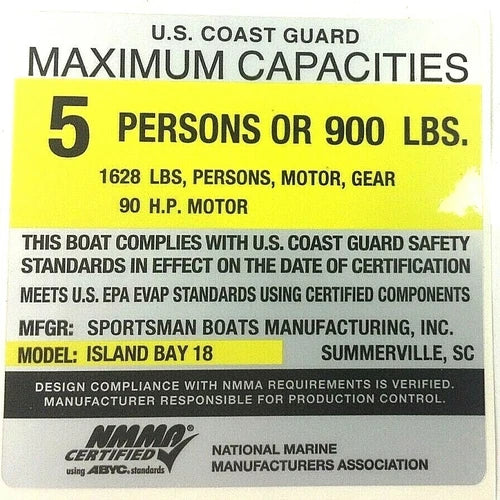 Sportsman Boats – Sportsman Maximum Capacity Placard 5 Persons / 1628LBS / 90HP Island Bay 18 – 6.2Q1