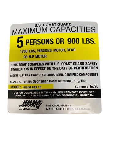 Sportsman Boats – Sportsman  Max Capacity Placard  5 Person/ 1700 LBS/ Island Bay 18 / 90 H.P. – 6.2Q1 / 80918M