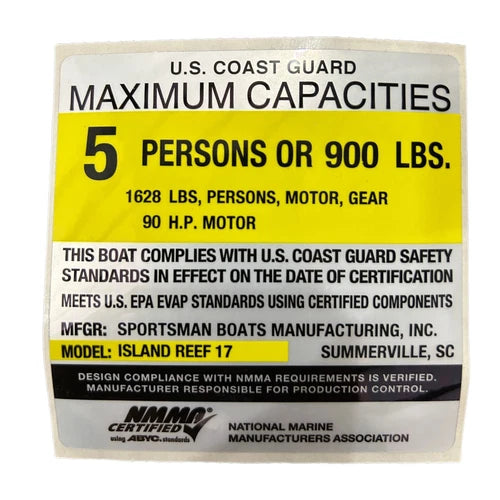 Sportsman Boats – Sportsman 1628LB Maximum Capacity Placard 5 Persons 900LB 90HP Island Reef 17 – 6.2Q1 / 35071K