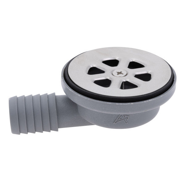 Ambassador Marine – 2 in Drain, 95 Degree Floor Drain, Low Profile, 1 in Marine Hose Barb Brushed Finish – S00-0003-BP-R
