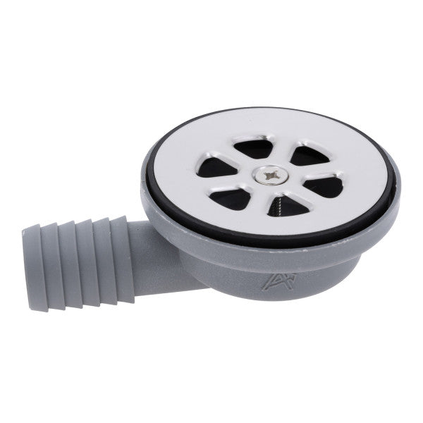 Ambassador Marine – 2 in Drain, 95 Degree Floor Drain, Low Profile, 1 in Marine Hose Barb Ultra-Mirror Finish – S00-0003-UP-R