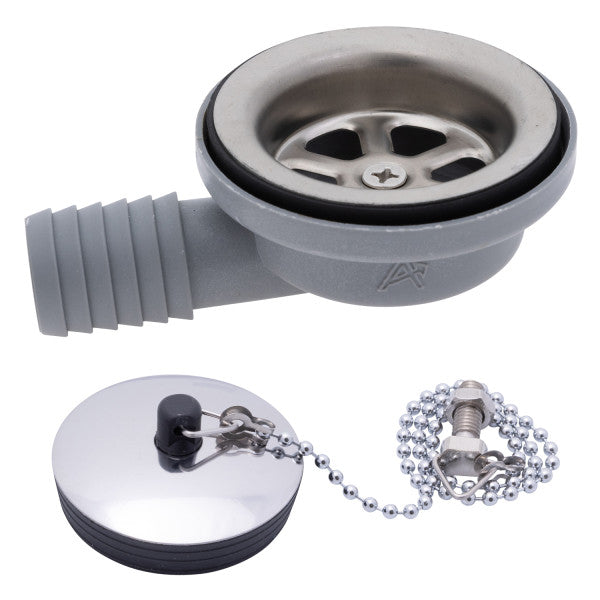 Ambassador Marine – 2 in Drain, 95 Degree Drain, Low Profile, 1 in Marine Hose Barb, w/Chain Stopper Brushed Finish – S00-0101-BP-R