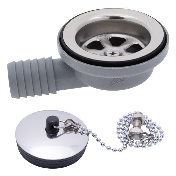 Ambassador Marine – 2 in Drain, 95 Degree Drain, Low Profile, 1 in Marine Hose Barb, w/Chain Stopper Ultra-Mirror Finish – S00-0101-UP-R