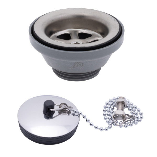 Ambassador Marine – 2 in Drain, Straight Drain, Low Profile, 1 1/4 in-M Thread, w/Chain Stopper Brushed Finish – S00-0104-BP-R
