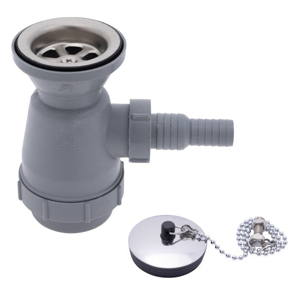 Ambassador Marine – 2 in Drain, Trap Sink Drain, 3/4 in & 1 in Marine Hose Barb, w/Chain Stopper Brushed Finish – S00-0108-BP-R