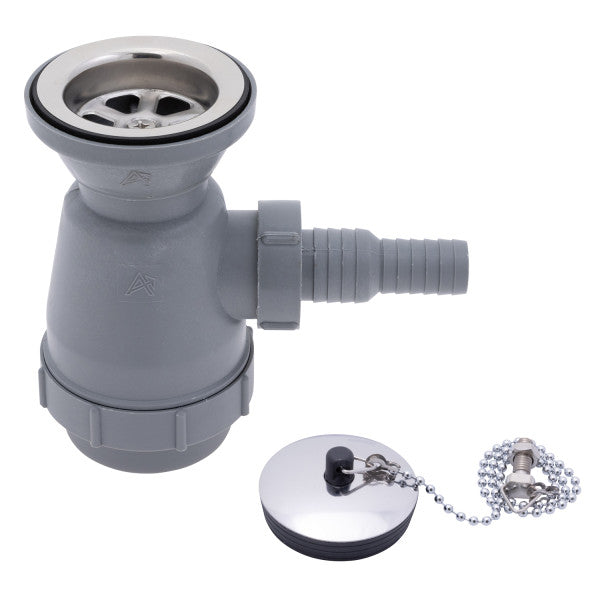 Ambassador Marine – 2 in Drain, Trap Sink Drain, 3/4 in & 1 in Marine Hose Barb, w/Chain Stopper Ultra-Mirror Finish – S00-0108-UP-R