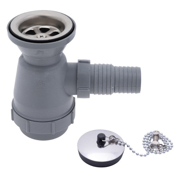 Ambassador Marine – 2 in Drain, Trap Sink Drain, 1 1/4 in & 1 1/2 in Marine Hose Barb, w/Chain Stopper Brushed Finish – S00-0109-BP-R