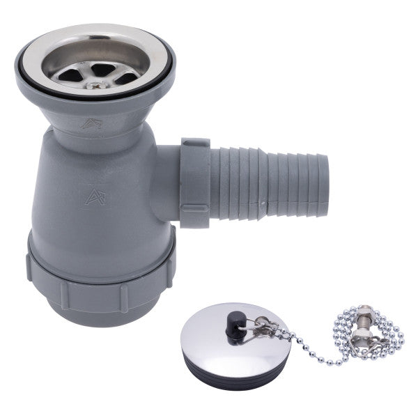 Ambassador Marine – 2 in Drain, Trap Sink Drain, 1 1/4 in & 1 1/2 in Marine Hose Barb, w/Chain Stopper Ultra-Mirror Finish – S00-0109-UP-R