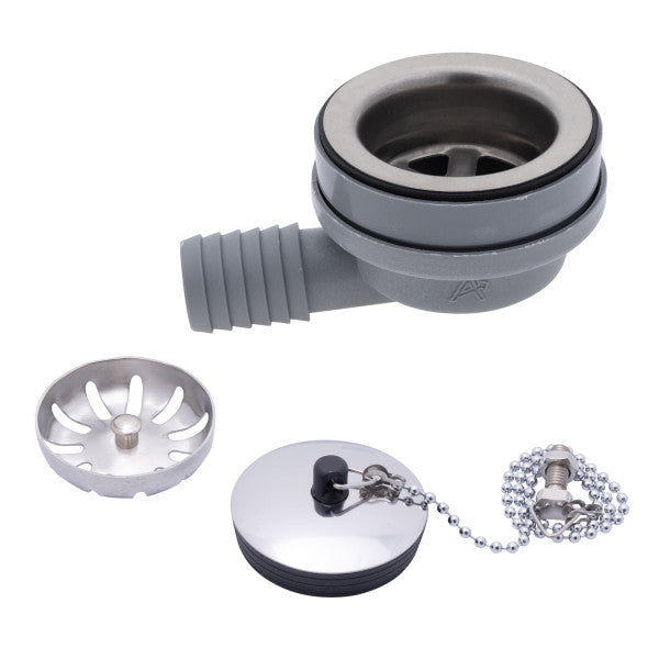 Ambassador Marine – 2 in Drain, 95 Degree Drain, Low Profile w/Strainer, 1 in Marine Hose Barb, w/Chain Stopper Brushed Finish – S00-1102-BP-R