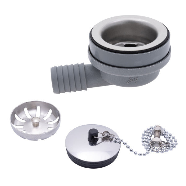 Ambassador Marine – 2 in Drain, 95 Degree Drain, Low Profile w/Strainer, 1 in Marine Hose Barb, w/Chain Stopper Ultra-Mirror Finish – S00-1102-UP-R
