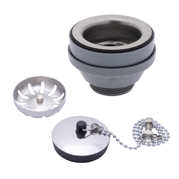 Ambassador Marine – 2 in Drain, Straight Drain, Low Profile, 1 1/4 in-M Thread, w/Strainer, w/Chain Stopper Brushed Finish – S00-1104-BP-R