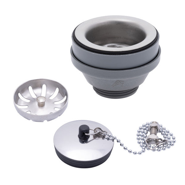 Ambassador Marine – 2 in Drain, Straight Drain, Low Profile, 1 1/4 in-M Thread, w/Strainer, w/Chain Stopper Ultra-Mirror Finish – S00-1104-UP-R
