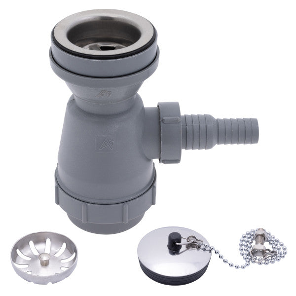 Ambassador Marine – 2 in Drain, Trap Sink Drain, 3/4 in & 1 in Marine Hose Barb, w/Strainer, w/Chain Stopper Brushed Finish – S00-1108-BP-R