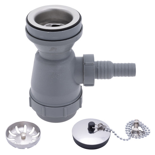 Ambassador Marine – 2 in Drain, Trap Sink Drain, 3/4 in & 1 in Marine Hose Barb, w/Strainer, w/Chain Stopper Ultra-Mirror Finish – S00-1108-UP-R