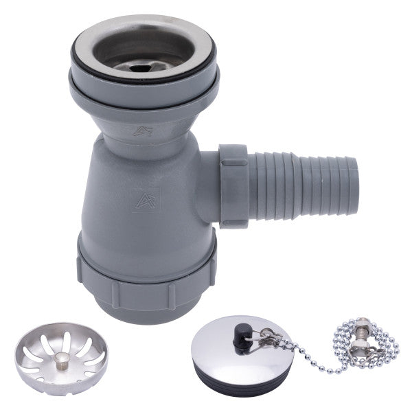 Ambassador Marine – 2 in Drain, Trap Sink Drain, 1 1/4 in & 1 1/2 in Marine Hose Barb, w/Strainer, w/Chain Stopper Brushed Finish – S00-1109-BP-R