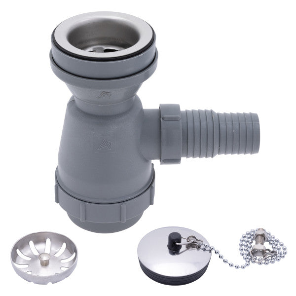 Ambassador Marine – 2 in Drain, Trap Sink Drain, 1 1/4 in & 1 1/2 in Marine Hose Barb, w/Strainer, w/Chain Stopper Ultra-Mirror Finish – S00-1109-UP-R