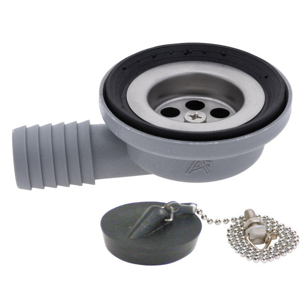 Ambassador Marine – 1 1/2 in Drain, 95 Degree Drain, Low Profile, 1 in Marine Hose Barb, w/Chain Stopper Brushed Finish – S01-0101-BP-R