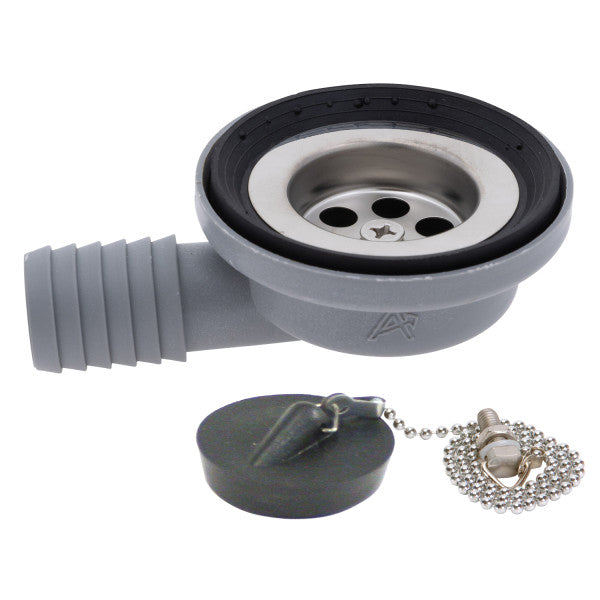 Ambassador Marine – 1 1/2 in Drain, 95 Degree Drain, Low Profile, 1 in Marine Hose Barb, w/Chain Stopper Ultra-Mirror Finish – S01-0101-UP-R