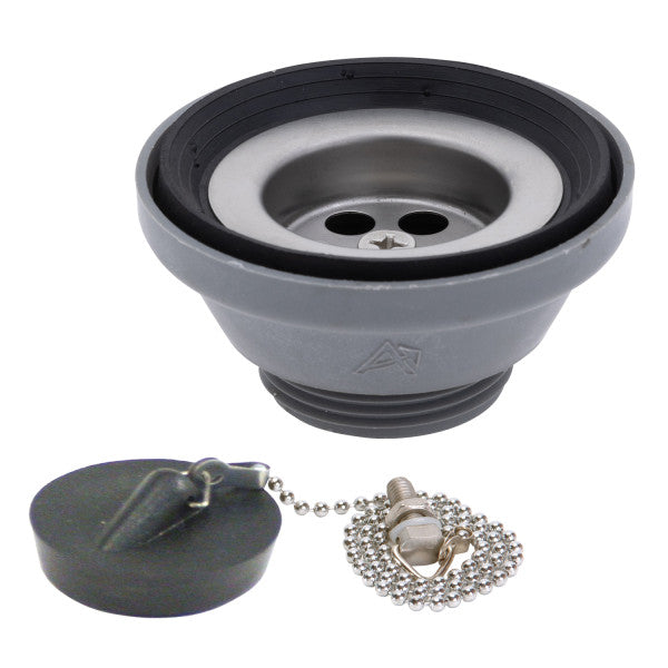 Ambassador Marine – 1 1/2 in Drain, Straight Drain, Low Profile, 1 1/4 in-M Thread, w/Chain Stopper Brushed Finish – S01-0104-BP-R