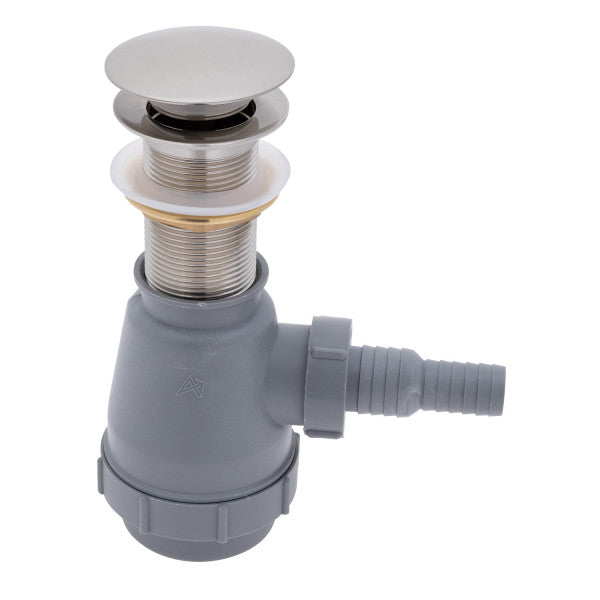 Ambassador Marine – 1 3/4 in Drain, Touch Trap Sink Drain with Cover, no Overflow, 3/4 in & 1 in Marine Hose Barb Brushed Nickel – V03-0708-NP-R