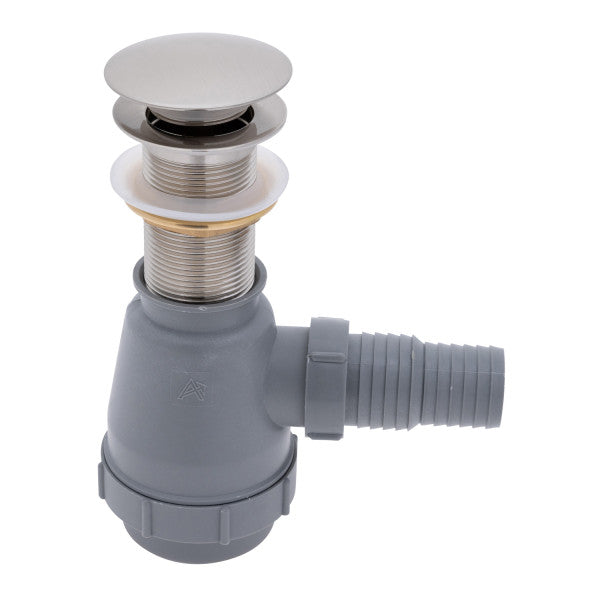 Ambassador Marine – 1 3/4 in Drain, Touch Trap Sink Drain with Cover, no Overflow, 1 1/4 in & 1 1/2 in Marine Hose Barb Brushed Nickel – V03-0709-NP-R