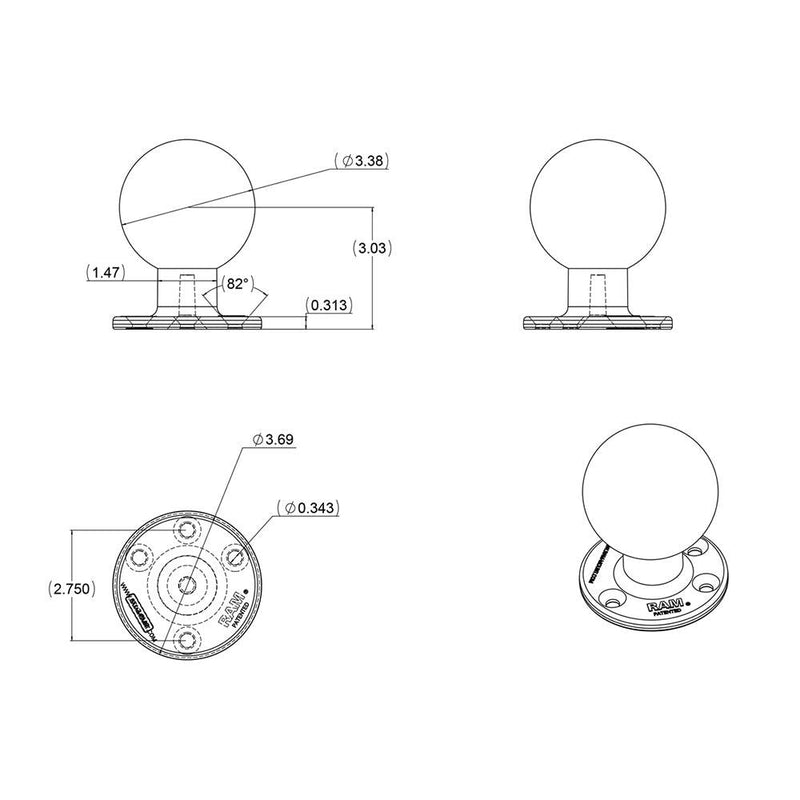 RAM Mount 3.68" Round Base w/3-3/8" E Size Ball [RAM-E-202U] - Essenbay Marine