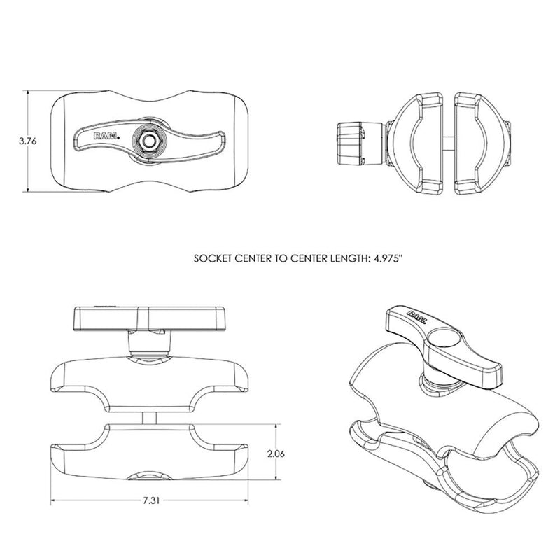 RAM Mount Double Socket Short Arm f/3-3/8" E Size Ball Base [RAM-E-201U-D] - Essenbay Marine