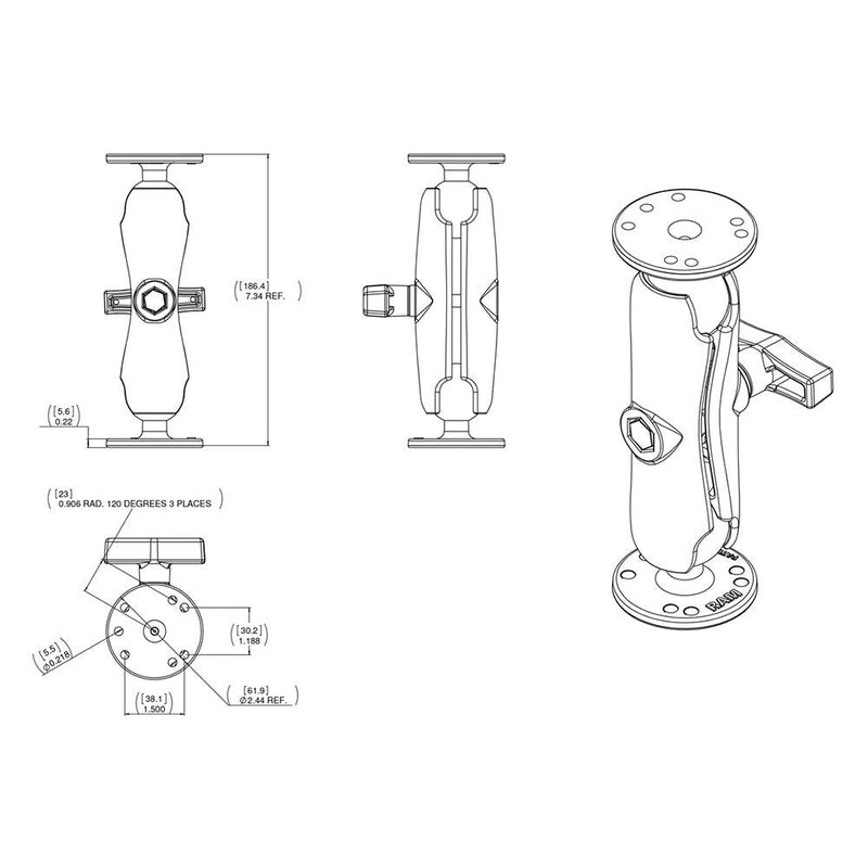 RAM Mount 1.5" Ball Double Socket Arm w/2 2.5" Round Bases - AMPs Pattern [RAM-101U] - Essenbay Marine