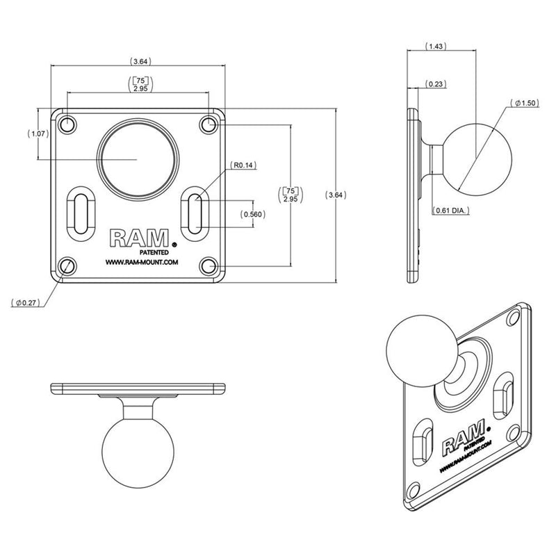 RAM Mount 75mm x 75mm VESA 3.625" Plate w/1.5" Diameter Ball [RAM-2461U] - Essenbay Marine