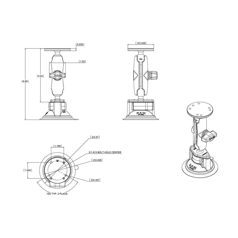 RAM Mount Twist Lock Suction Cup w/Round Base Adapter [RAM-B-166-202U] - Essenbay Marine