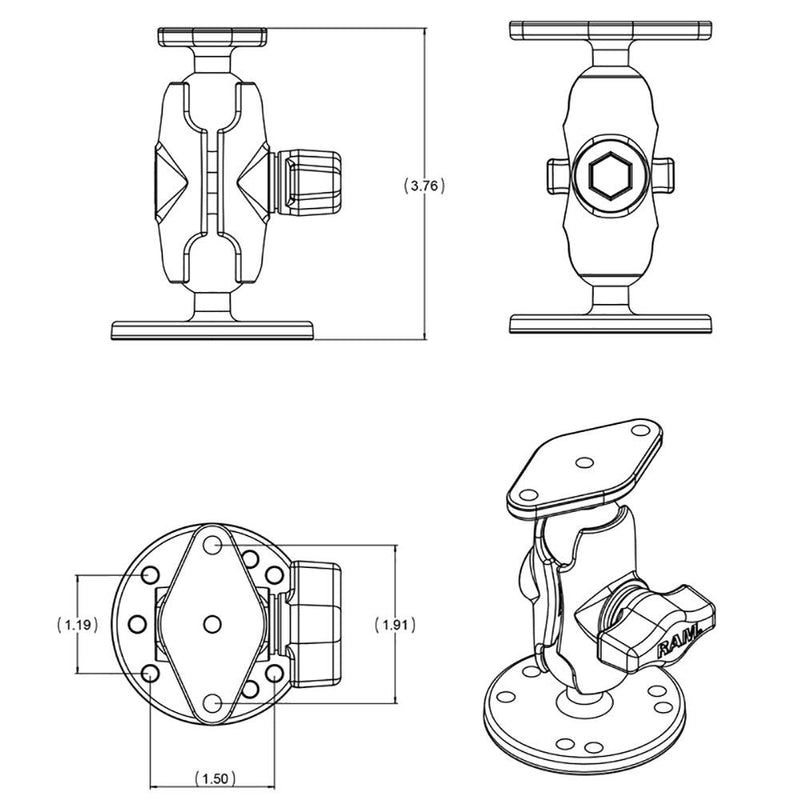 RAM Mount Flat Surface Mount Short Arm w/Diamond Base [RAM-B-138U-A] - Essenbay Marine