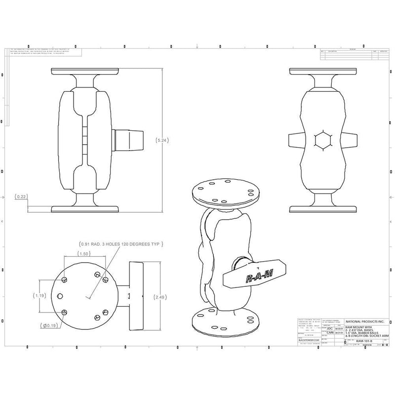 RAM Mount 1.5" Ball Mount w/Short Double Socket Arm & 2/2.5" Round Bases [RAM-101U-B] - Essenbay Marine