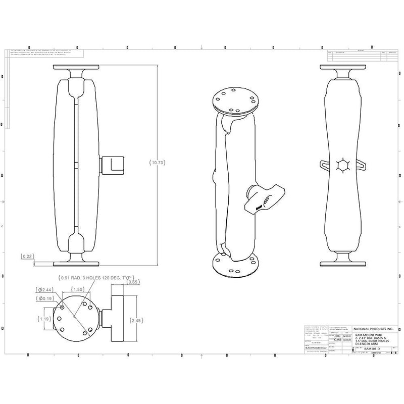 RAM Mount Ball Mount w/Long Double Socket Arm & 2-2.5" Round Bases w/AMPs Pattern [RAM-101U-D] - Essenbay Marine