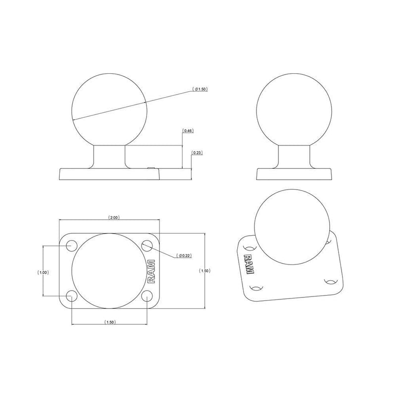 RAM Mount 1.5" x 2" Rectangle Base w/1.5" Ball [RAM-202U-152] - Essenbay Marine